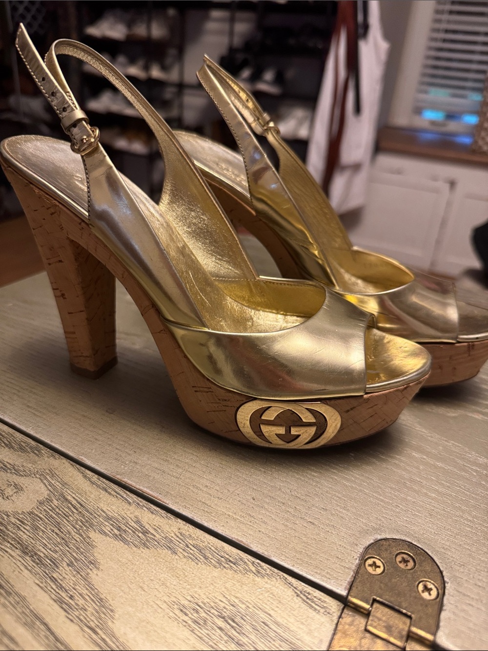 Gucci Metallic Gold Cork Platform Slingback Heels